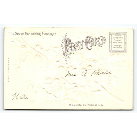 Vintage Christmas Postcard Holly Series No. 3 Embossed Holly Berries - Picture 2 of 2